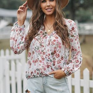 Floral Wrap V Neck Lantern Sleeve Drape Blouse